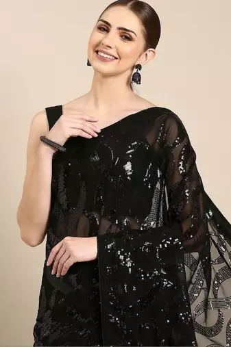 Black sequinned poly georgette designer saree