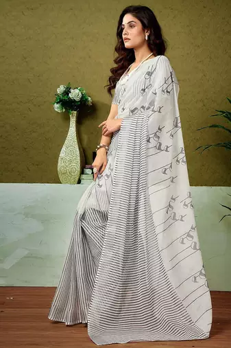 Off white ethnic motifs  linen ready to wear tussar saree