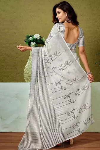 Off white ethnic motifs  linen ready to wear tussar saree
