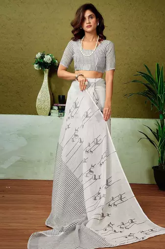 Off white ethnic motifs  linen ready to wear tussar saree