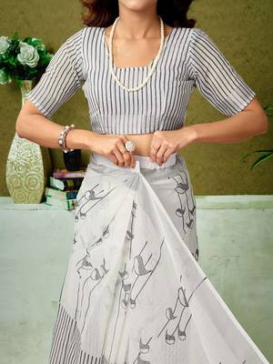 Off white ethnic motifs  linen ready to wear tussar saree 5