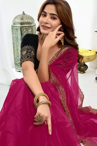 Pink embroidered supernet saree
