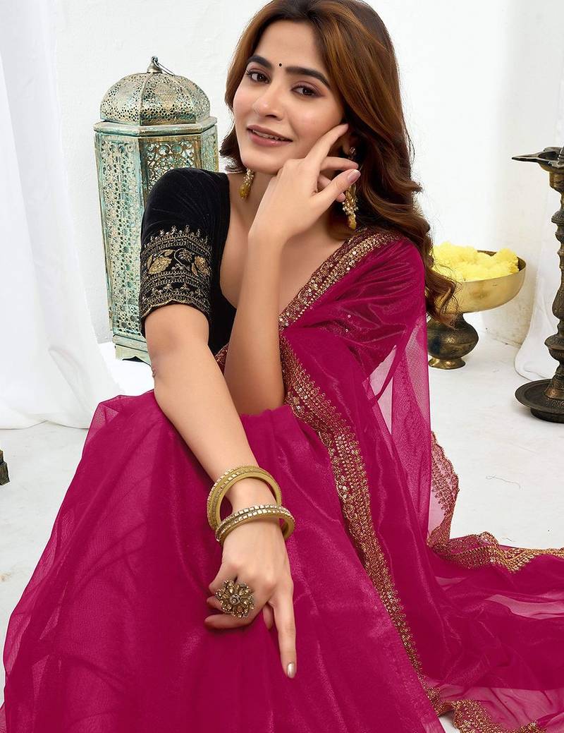 Pink embroidered supernet saree