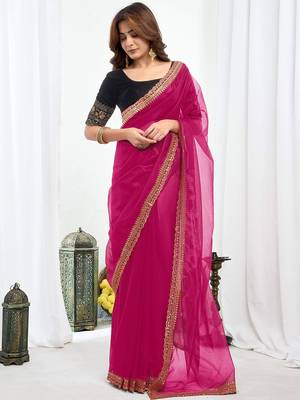 Pink embroidered supernet saree 2