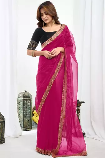 Pink embroidered supernet saree
