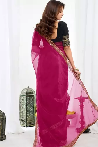 Pink embroidered supernet saree