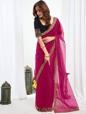 Pink embroidered supernet saree 4