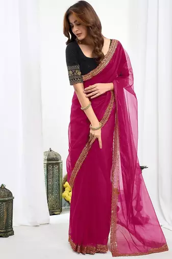 Pink embroidered supernet saree