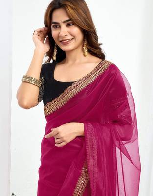 Pink embroidered supernet saree 5