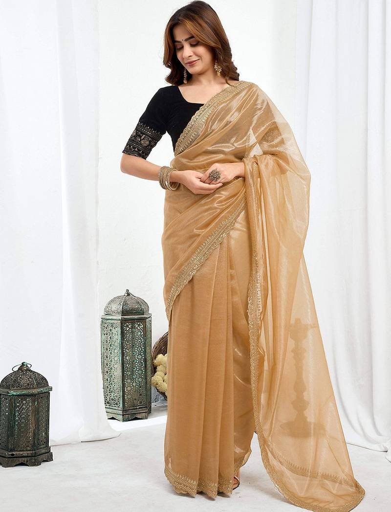 Brown embellished embroidered  chiffon designer saree