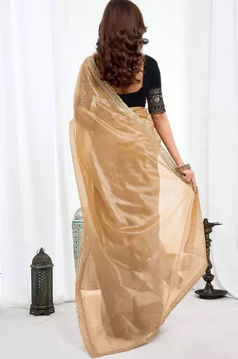 Brown embellished embroidered  chiffon designer saree