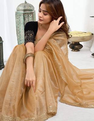 Brown embellished embroidered  chiffon designer saree 3