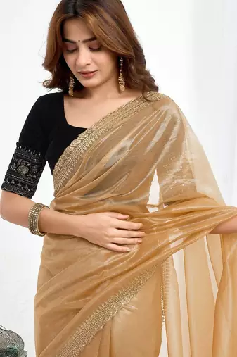 Brown embellished embroidered  chiffon designer saree