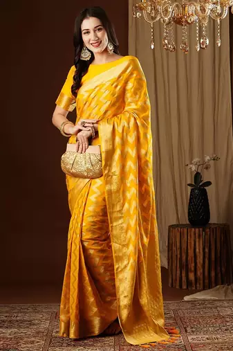 Yellow zari  georgette heavy work saree