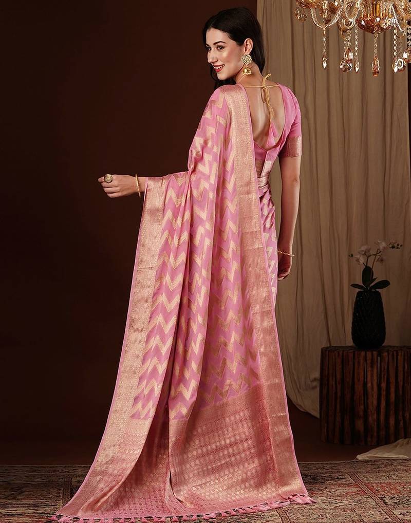 Pink woven design zari  georgette saree