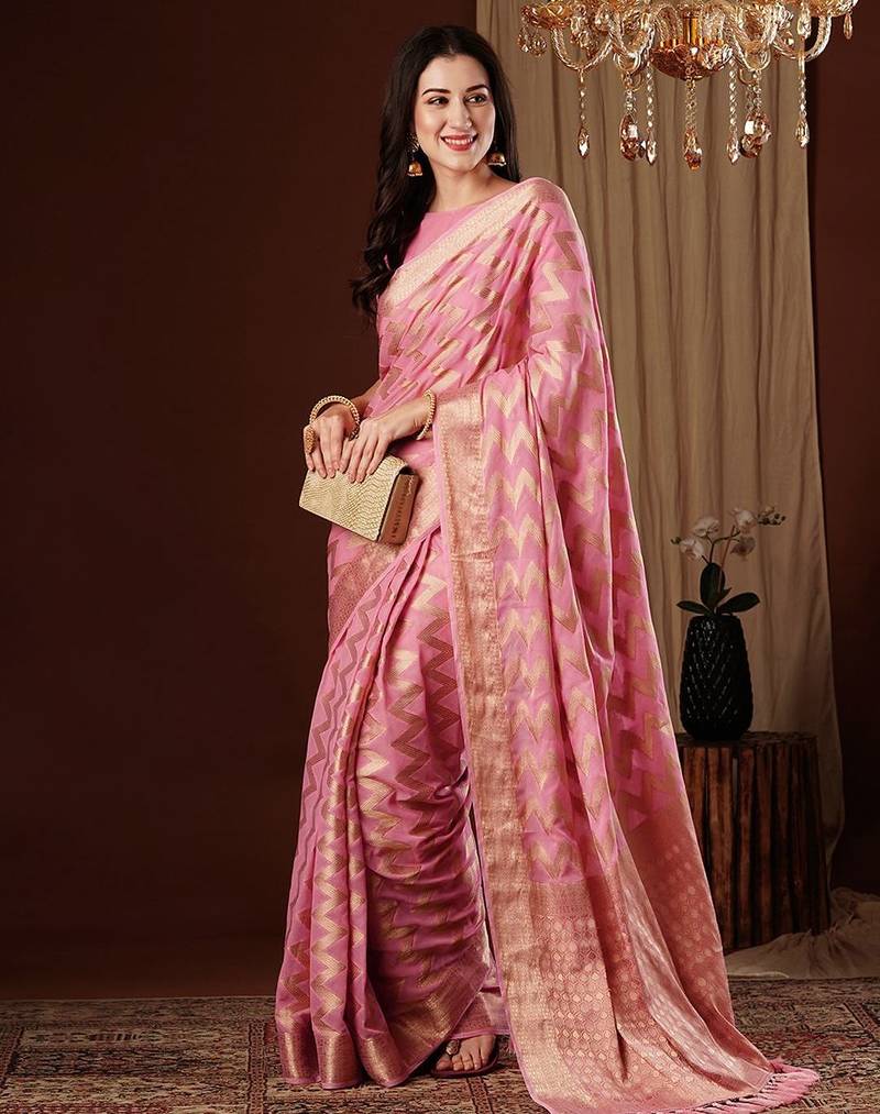 Pink woven design zari  georgette saree