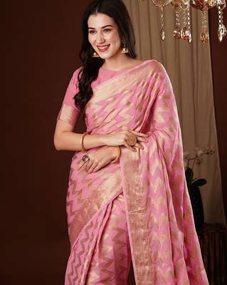 Pink woven design zari  georgette saree 4