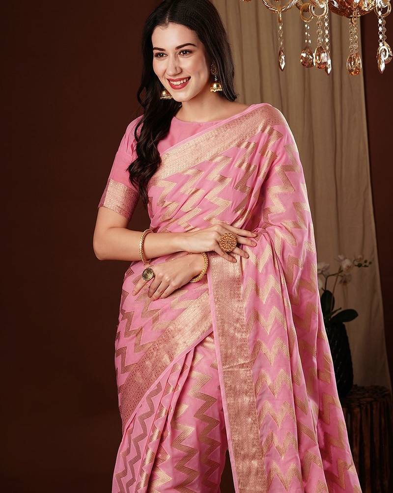 Pink woven design zari  georgette saree