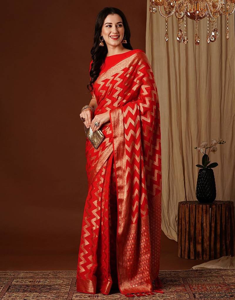 Red zari  georgette heavy work saree