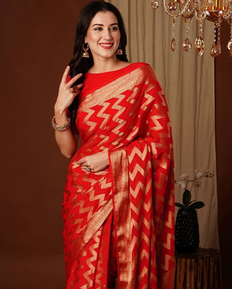 Red zari  georgette heavy work saree