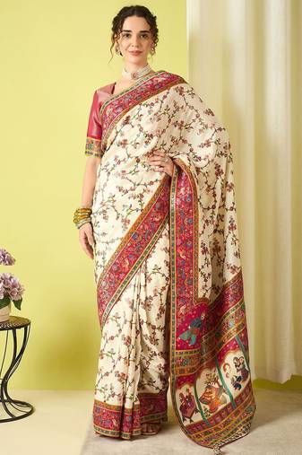 Cream woven design zari banarasi saree