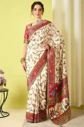 Cream woven design zari banarasi saree