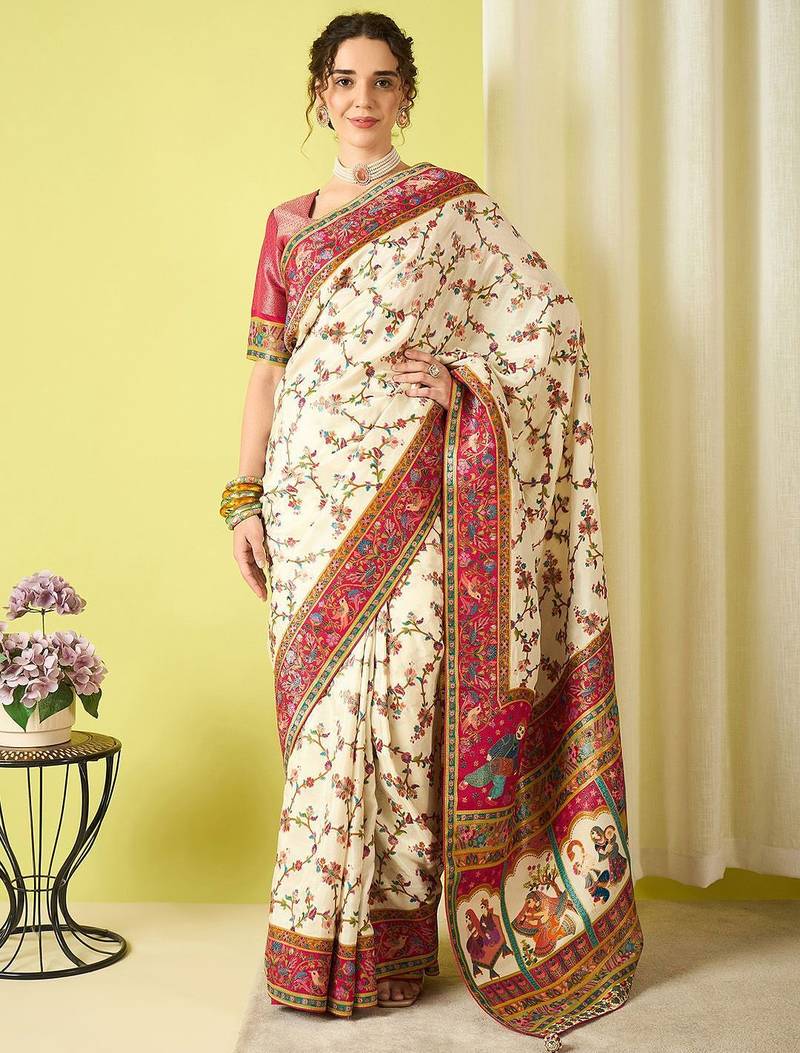 Cream woven design zari banarasi saree