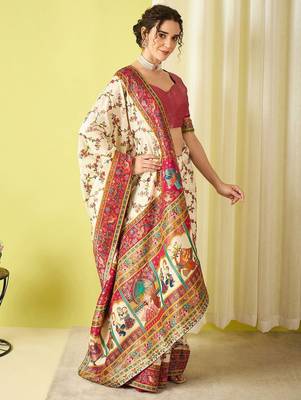 Cream woven design zari banarasi saree 2
