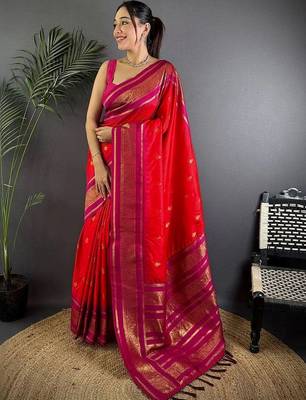 Red paisley zari silk blend designer banarasi saree 1