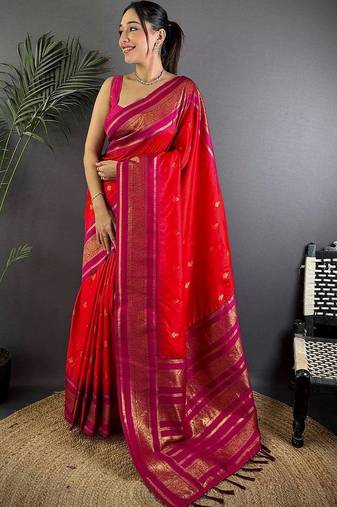 Red paisley zari silk blend designer banarasi saree