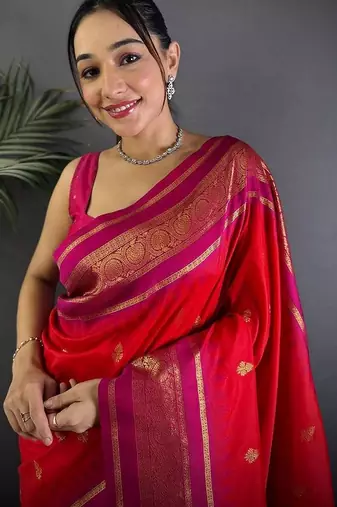 Red paisley zari silk blend designer banarasi saree