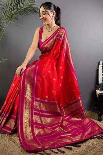 Red paisley zari silk blend designer banarasi saree