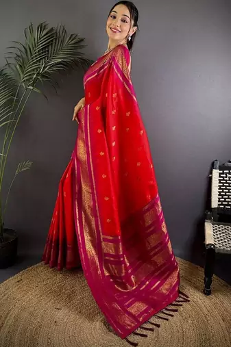 Red paisley zari silk blend designer banarasi saree