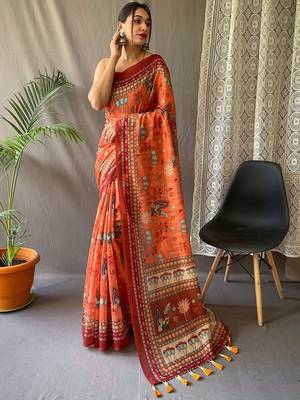 Orange women printed kalamkari linen blend saree 1
