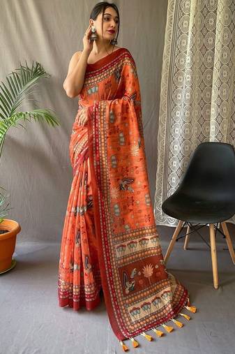 Orange women printed kalamkari linen blend saree