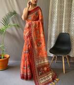 Orange women printed kalamkari linen blend saree