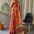 Orange women printed kalamkari linen blend saree