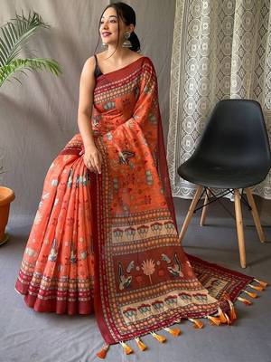 Orange women printed kalamkari linen blend saree 2