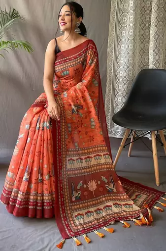 Orange women printed kalamkari linen blend saree