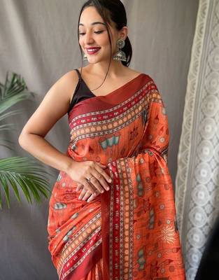 Orange women printed kalamkari linen blend saree 3