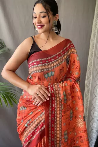Orange women printed kalamkari linen blend saree
