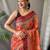 Orange women printed kalamkari linen blend saree