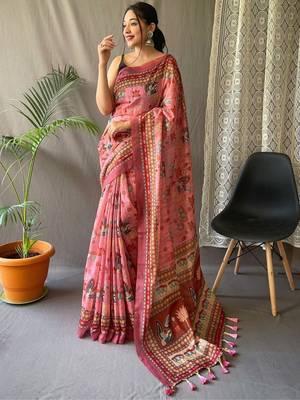 Pink kalamkari printed saree with blouse piece 1