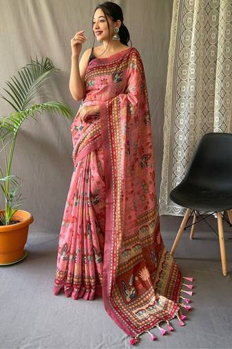 Pink kalamkari printed saree with blouse piece