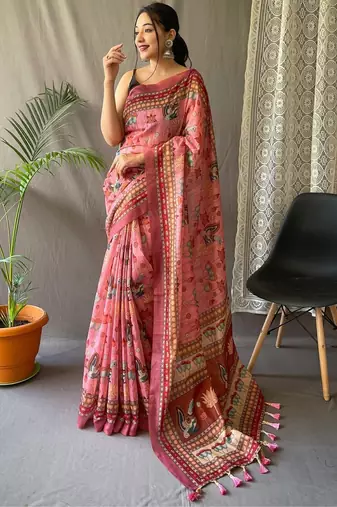 Pink kalamkari printed saree with blouse piece