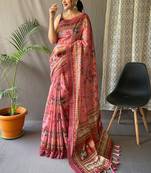 Pink kalamkari printed saree with blouse piece