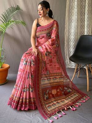 Pink kalamkari printed saree with blouse piece 2