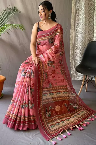 Pink kalamkari printed saree with blouse piece