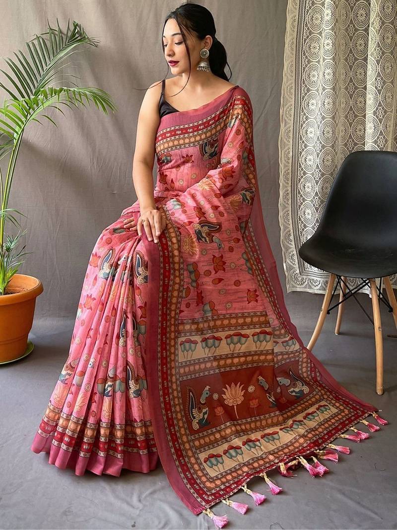 Pink kalamkari printed saree with blouse piece
