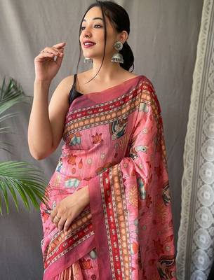 Pink kalamkari printed saree with blouse piece 3